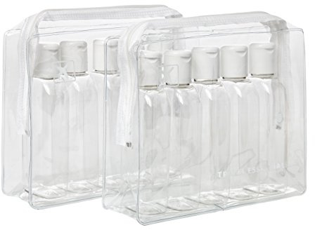 2 x Holiday Travel Clear Plastic Bottles Packs - 10 x 100 ml Bottles & 2 x Clear Bags