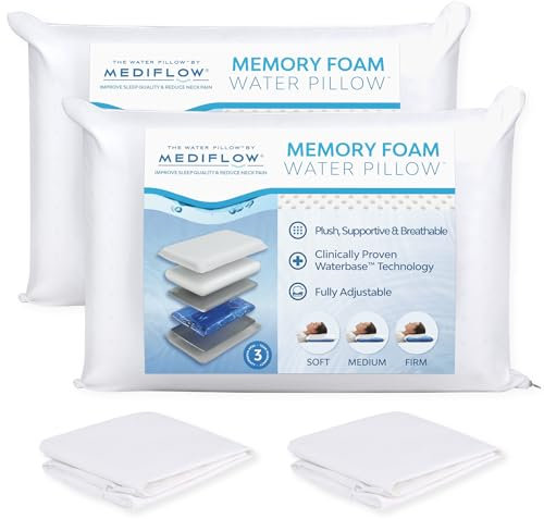 Mediflow Water Pillow Memory Foam re-Invented with Waterbase Technology - Clinically Proven to Reduce Neck Pain & Improve Sleep Quality. (Two Pillows, Two Pillow Protectors)