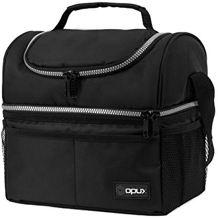 OPUX Lunch Box For Men Women, Insulated Large Lunch Bag Adult Work, Double Decker Lunchbox Meal Prep, Dual Compartment Leakproof Lunch Cooler, Soft Lunch Pail Tote Boys Girls Kids School, Black 16 Can