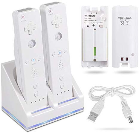 Rechargeable Battery Packs with Charger for Wii & Wii U Remote Controller,Montion Plus Controller(Dual Remote Charging Station Dock + 2 Pack 2800mAh Wii Replacement Batteries + USB Cable)