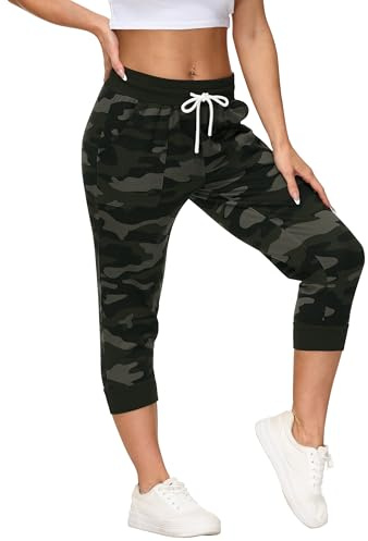 SPECIALMAGIC Women's Sweatpants Cropped Jogger French Terry Running Pants Lounge Loose Fit Drawstring Waist with Side Pockets Camouflage Army Green M