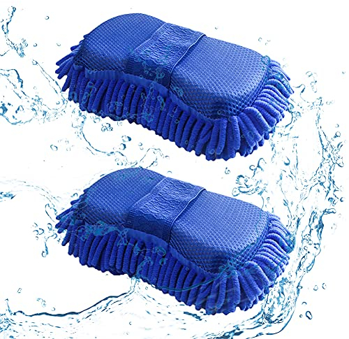 QSXX 2 Pcs Chenille Wash Glove With Elastic Strap - Lint-Free Car Wash Sponge Mitt, Microfiber Car Cleaning Tool - Blue