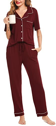 Lovasy Pyjamas for Women Soft Ladies Pyjamas Button Down Pjs for Women Sets Classic Womens Pyjamas Sets Pajamas Loungewear with Pockets,Wine Red,L