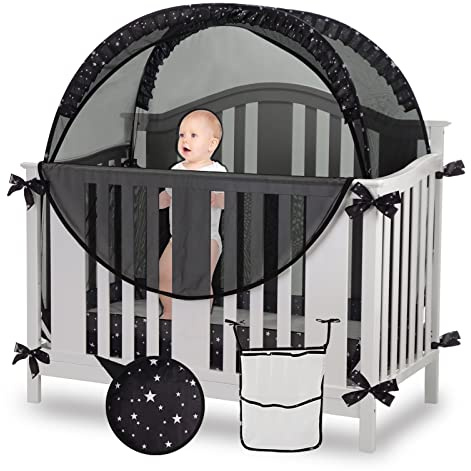 ZXPLO Safety Pop Up Crib Tent Cover to Keep Toddler from Climbing Out - Baby Bed Star Net Canopy with Mesh Organizer