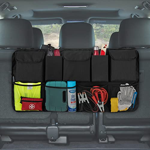 Car Boot Organiser - Backseat Storage Organizer with 4 Elastic Mesh Pockets and 2 Bottle Holder + 2 Large Compartments - Tidy Vehicle Hanging Storage | Declutter Cargo Net Bag for Travel