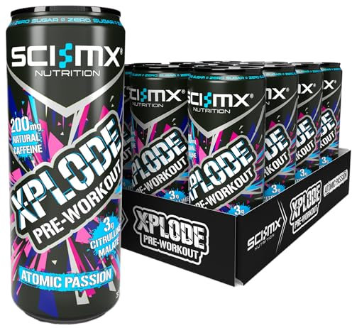 SCI-MX X-PLODE Pre-Workout Energy Drink - Sour Watermelon Flavour - 330ml x 12 - 200mg Natural Caffeine, 3000mg Citrulline Malate, Vitamin B3, B6 + B12 - 24kcal/serving - Suitable for Vegans