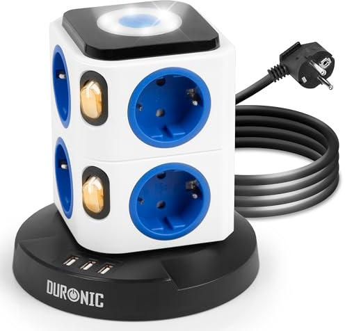 Duronic ET8L Steckdosenleiste 8-Fach, Mehrfachsteckdose mit 3 USB-Ports und Nachtlicht, Steckdosenverteiler 3680W 16A Überspannungsschutz, Mehrfachstecker, Steckdosenwürfel mit Schalter 1,8 m Kabel