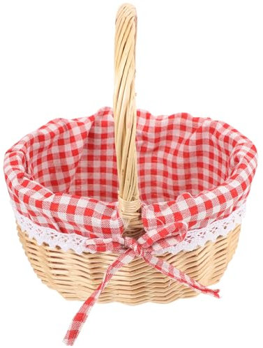 Ciieeo Small Wicker Picnic Basket with Handle, Handwoven Oval Willow Storage Basket Featuring Removable Red Plaid Liner for Outdoor Camping Wedding and Fruit Gathering