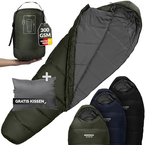 MONTARAY Mumienschlafsack bis -5°C INKL. Kissen für 3-4 Jahreszeiten 300GSM - Outdoor Winter-Schlafsack & Sommer-Schlafsack - Decken-Schlafsack & Hütten-Schlafsack Damen & Herren - Sleeping Bag warm