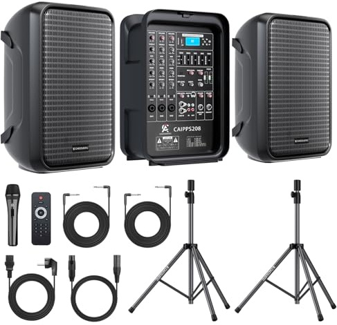 CAICOUSTIC All-in-One 2-Way PA Speaker System DJ Mixer Bundle,300W 8-Channel Mixer Bluetooth, Amplifier Kit with 8 Subwoofer and 1 Horn Tweeter,USB,2 Speaker Stands, Mic