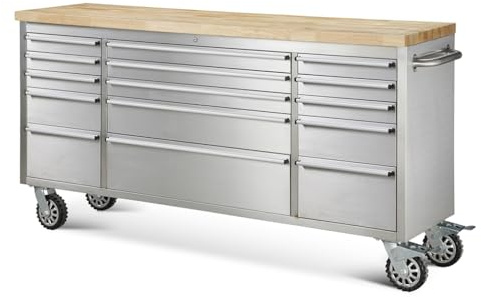 Ondis24 Edelstahl-Werkstattwagen Werkzeugwagen mit 10 Leichtlaufschubladen & XL-Massivholzarbeitsplatte, Lenkrollen, unbestückt (Grau, 198 x 49 x 95 cm (15 Schubladen))