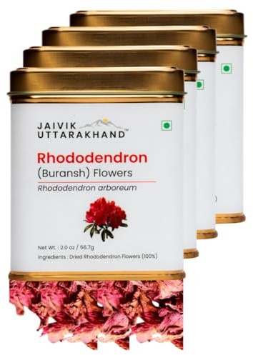 Jaivik Uttarakhand - Dried Rhododendron Flower Tea (08 oz / 226.8 g) Buransh Leaf Herbal Dry Leaves Detox Helps in glowing Skin,Decaffeinated, Pack of 4 Tin Can