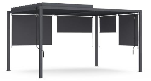 Pérgola bioclimática con lamas orientables de acero de 3x4 m y 4 toldos gris antracita
