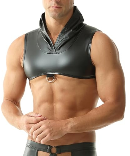 YOOBNG Mens Faux Leather Hooded Vest Crop Tops Sleeveless Muscle Fitness Half Tank Tops Clubwear