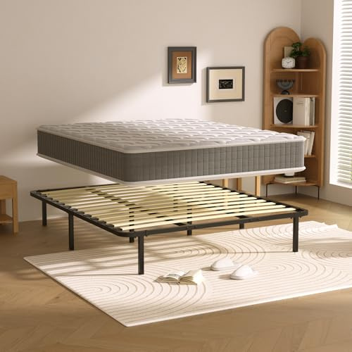 DEWINNER Materasso a Memoria 25cm + Rete a Doghe 140x190cm, Alto 35cm, con 8 piedi, 13 doghe, Facile da montare, Ortopedico, Antiacaro, Grigio，Letto una piazza e mezza