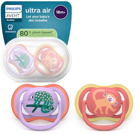 Philips Avent chupetes ultra air: diseño anatómico, para bebés a partir de 18 meses, tetina simétrica de silicona suave, sin BPA, con estuche esterilizador, paquete de 2, SCF349/47