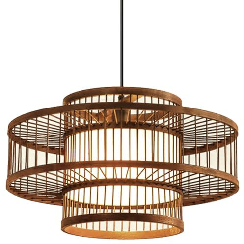 HKOLIMB Lampada a Sospensione in bambù Intrecciato a Mano a Forma di Cesto Grandi lampade a Sospensione rustiche in Vimini Lanterna Vintage in bambù Intrecciato per Soggiorno Isola della Cucina,