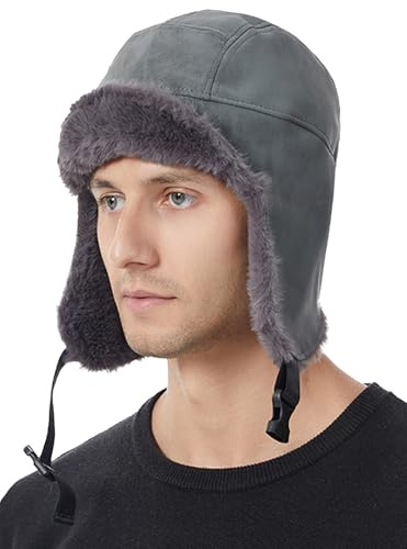 FEOYA Vintermössa för män kvinnor falsk seude pilotmössa unisex flygare vindtät skidmössa spänne stängning Ushanka utomhus med öronklaffar 58–60 cm, Grå, one size