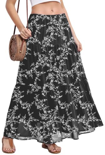 BEIGAI Jupe longue élastique pour femme - Taille haute - Coupe trapèze fluide - Jupe d'été bohème décontractée et élégante - Jupe pleine longueur pour femme