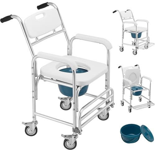 BAKAJI Sedia a Rotelle Impermeabile con WC e Coperchio Rimovibile, Seduta Ergonomica Comodo con Toilette Inclusa, Struttura Resistente, 4 Ruote Piroettanti e Maniglie Ergonomiche, 55 x 70 x 96 cm