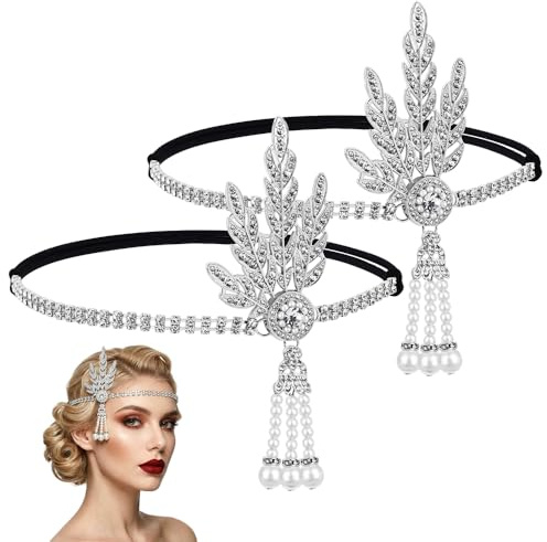Vervora 1920s Flapper Headband Women, Rhinestone Pearl Tassel Flapper Headpiece, Vintage Roaring 20s Hair Accessories Art Deco Leaf Headband for Gatsby Party, 1920s Costume Fancy Dress Accessories