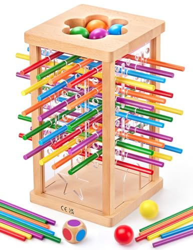 Wooden Montessori Board Game, 42 Colourful Sticks with Dice, Ball Drop Game, Fine Motor Skills Toy, Math Learning Educational Toys for 3 4 5 6 Years Old, Family Travel Game Gift for Boys Girls