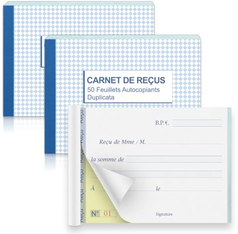 Lot de 3 A6 Carnet de Reçus Autocopiants Numérotés 50 Feuillets 1 Original + 1 Duplicata Format Portable 145×105 mm Carnet de Facture Compte pour Auto Entrepreneur Hors TVA