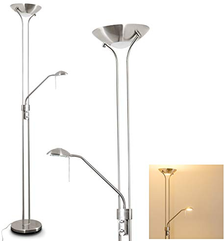LED Stehlampe Rom aus Metall in Nickel-matt, dimmbare Stehleuchte Drehdimmer am Gehäuse, 1 x 18 Watt, 1600 Lumen u. 1 x 5 Watt, 480 Lumen, 3000 Kelvin (warmweiß), Deckenfluter m. verstellbarem Lesearm