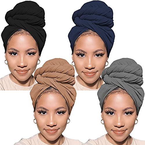 Xtrend Lot de 4 écharpes turbans africaines extensibles pour femme - Écharpes en tricot ultra douces et extra longues pour la tête - Bandeaux urbains (Noir, Bleu marine, Camel, Gris foncé)