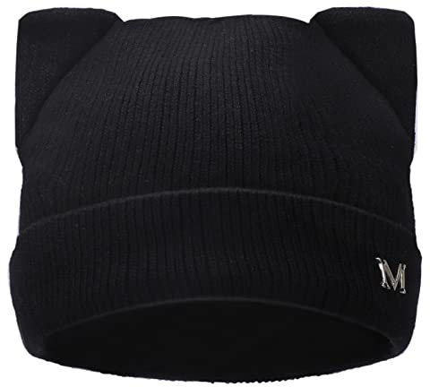 LUCKYBUNNY Bonnet avec Oreilles de Chat pour Femmes et Filles, Bonnet tricoté Automne Hiver Bonnet Hip-hop Bonnet de Ski au Crochet, Noir, Taille Unique
