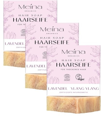 Meina Naturkosmetik - Bio Haarseife für trockenes Haar und trockene Kopfhaut mit Lavendel, Zertifiziert, Vegan, Nachhaltig, Handgemacht, Plastikfrei, Ohne Palmöl, Wie ein festes Shampoo - 80g