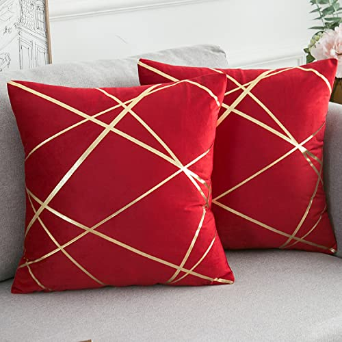 2er Set Rot Samt Kissenbezug 40x40 cm Dekorative Kissen Geometrie Modern Dekokissen Kissenhülle Sofakissen Couchkissen Kissenbezüge Outdoor Zierkissen Bezug für Schlafzimmer Sofa BettWeinrot Sommer
