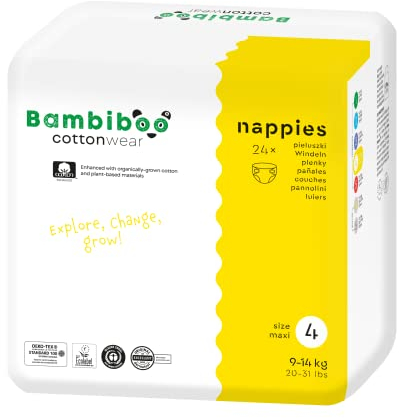 Bambiboo - COTTONWEAR Baby Windeln - Einwegwindeln - Größe 4 Maxi (9-14 - mit Bio-Baumwolle, Pflanzstoffen, Nässeindikator, 3D-Rüschen - Parfümfrei, Chlorfrei - 24 Stk