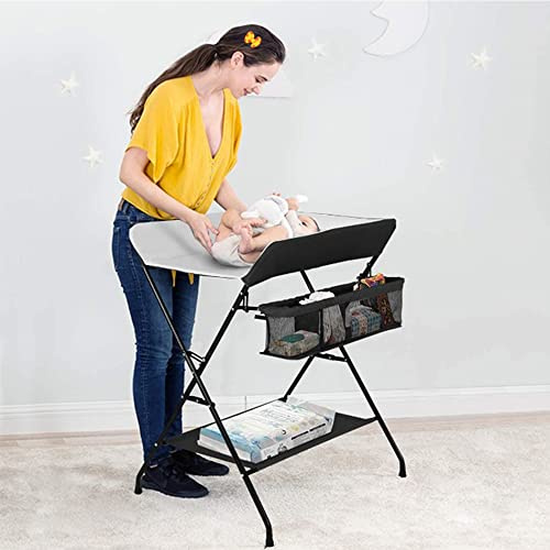 Mesa cambiador con ruedas plegable y portátil para recién nacidos y bebés, mesa móvil y multifuncional, ajustable en altura con organizador de pañales (blanco roto)