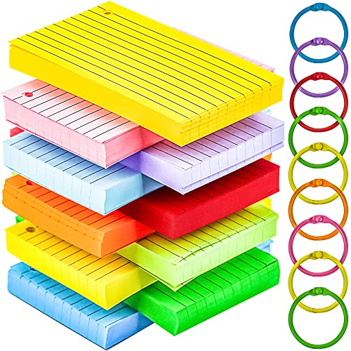 MotBach 600Pcs Colored Index Cards 3x5 Inch Flash Cards with Rings Lined Note Card Flashcards, Colorful Ruled Card Pad Index Note Books 3 x 5 Notecards for Studying School Supply College Office