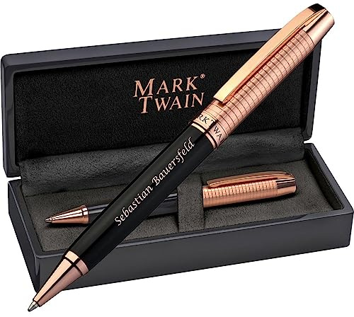 Kugelschreiber Mark Twain mit Gravur | Drehkugelschreiber mit Kupfer und blau schreibender Großraummine | Etui schwarze Lackoptik | Geschenk Geburtstag | Abschluss | Prüfung | Weihnachten