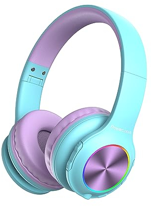 PowerLocus Auriculares Inalámbricos Diadema para Niños, Cascos Bluetooth con Micrófono Incorporado, Auriculares Plegables,luz LED,Soporte Micro SD/TF,94DB Volumen Limitado Seguro para Celulares/PC/TV