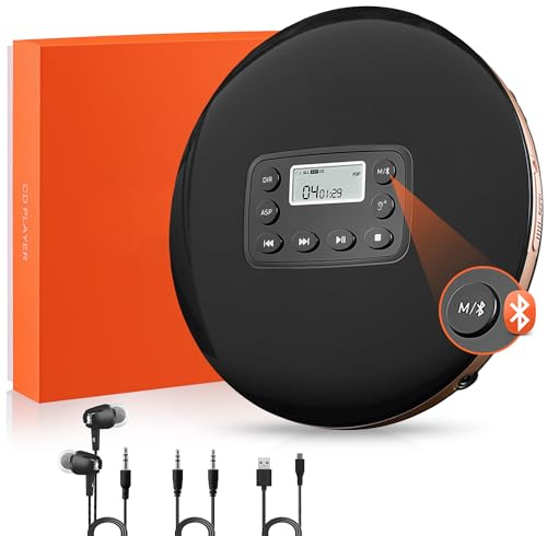 HOTT CD Player Tragbar, Tragbarer CD Player mit Bluetooth, 1000mAh Aufladbar CD-Player mit Kopfhörer und AUX Linie Kompatibel mit CD, MP3, CD-R, CD-RW, Discman CD-Player mit Stoßschutz für Autos