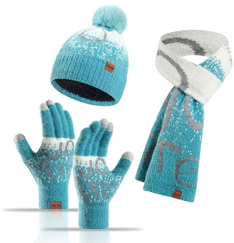 Yanmucy Juego de 3 gorros de invierno para mujeres y hombres, gorro de esquí de punto cálido, guantes para pantalla táctil, traje a juego para parejas, azul, Talla única