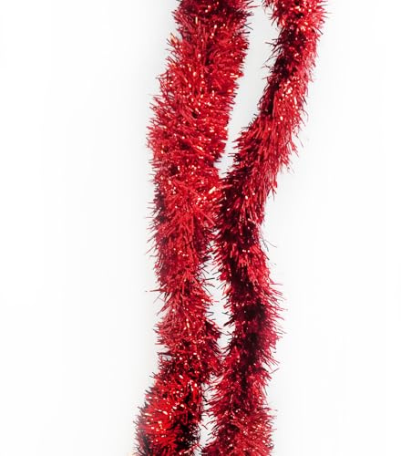 Trimming Shop 6.5ft/2m Red Chunky Christmas Tinsel Garland Shiny Metallic | Fine Foil Twist Xmas Tree Garland for Festive Party, Holiday Celebration, Indoor & Outdoor Hanging Decorations