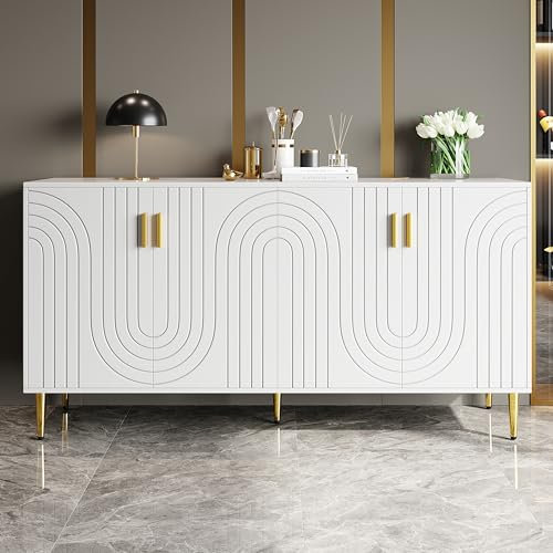 Aurofurz Sideboard mit 2 Türen 4 Schubladen Kommode,Anrichte Mehrzweckschrank Beistellschrank Schrank Standschrank (152 x 40 x 75 cm) mit einzigartigem Wellendesign und goldenen Griffen und Füßen