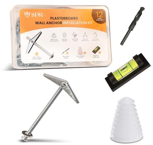 Heavy Duty Cavity Wall Fixings Kit for TV Brackets | 12x M5 Spring Toggle Bolts (15kg Load) | Plasterboard Anchor Kit with 16mm Drill Bit, Dust Collector & Spirit Level – No Stud Required