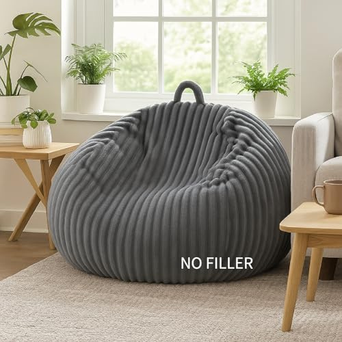 Honeydak Ribbed Rabbit Fur Stuffed Animal Storage Bean Bag Chair Cover (No Filler) Comfy Bean Bag Cover Without Filling or Home Bedroom Decor Organizing Plush Doll Textile Holder(Light Gray, L)