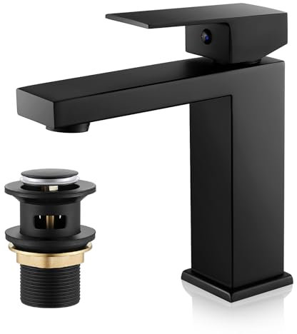 Basin Mixer Tap with Drain, Black Bathroom Sink Taps with Waste, Monobloc Single Handle Washroom Faucet Modern Washbasin Tap Mixer with Pop Up Waste