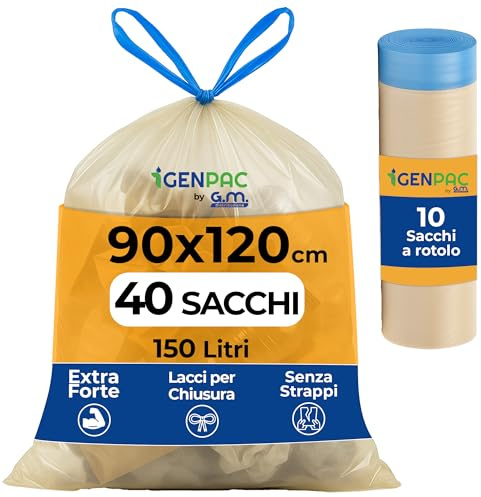 40 Sacchi Spazzatura Grandi Trasparenti 90x120 cm, Extra Resistenti da 150 Litri, Con comode maniglie di chiusura e Fondo Antigoccia, 100% Riciclabili, Made in Italy, Raccolta Differenziata