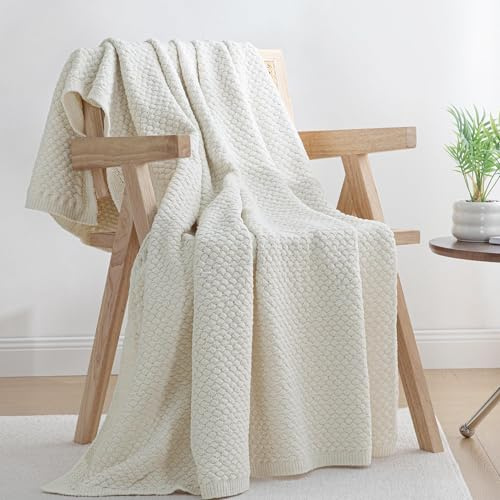 Whale Flotilla Chunky Knit Throw Blanket, Ultra Soft Handmade Reversible Knitted Chenille Blankets for Couch Super Warm Decorative, 130x150 CM, Ivory