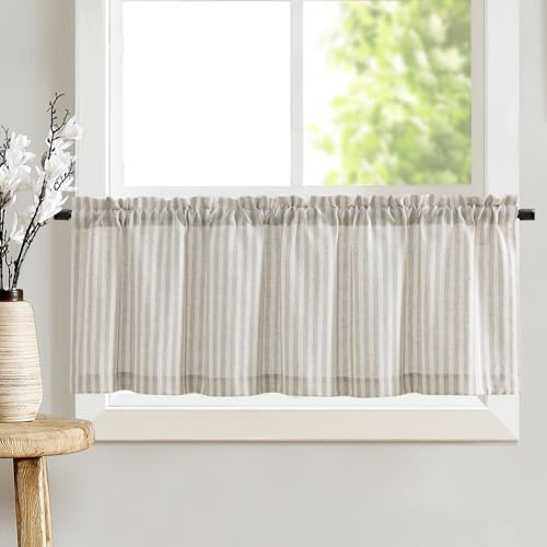 TOPICK Skivgardin ränder linneutseende 140 x 40 cm grå | Ogenomskinliga köksgardiner linneutseende modern ljusgenomsläpplig kort gardin, kök lantlig stil, köksgardin, fönstergardiner