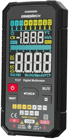 Ermenrich Zing TC27 Multimetro Digitale, Corrente AC/DC, Capacità, Frequenza, Duty Cycle, Termocoppia, Resistenza, TRMS, Test Batteria, 6000 Conteggi, NCV, Display VA, Scala Grafica