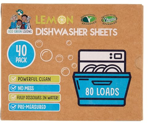 Eco Green Living Lemon Dishwasher Sheets, Fully Dissolvable Plastic Free Sheets, Tablet Alternative for Dishwashing, 40 Sheets
