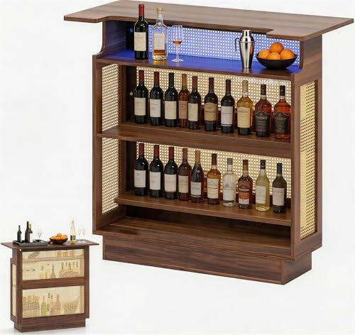 TANGZON 4 Tier Rattan Bar Table, Home Bar Unit with RGB Light Strip, Remote Control, Glass Holders & U-shaped Notch, Counter Height Wine Cabinet for Kitchen Pub Dining Living Room